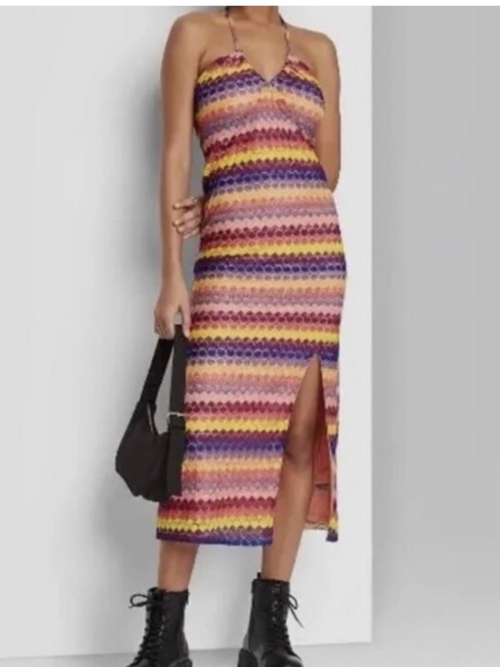 Wild Fable Peach Crochet Style Halter Dress with Multicolor Trim - Size Medium